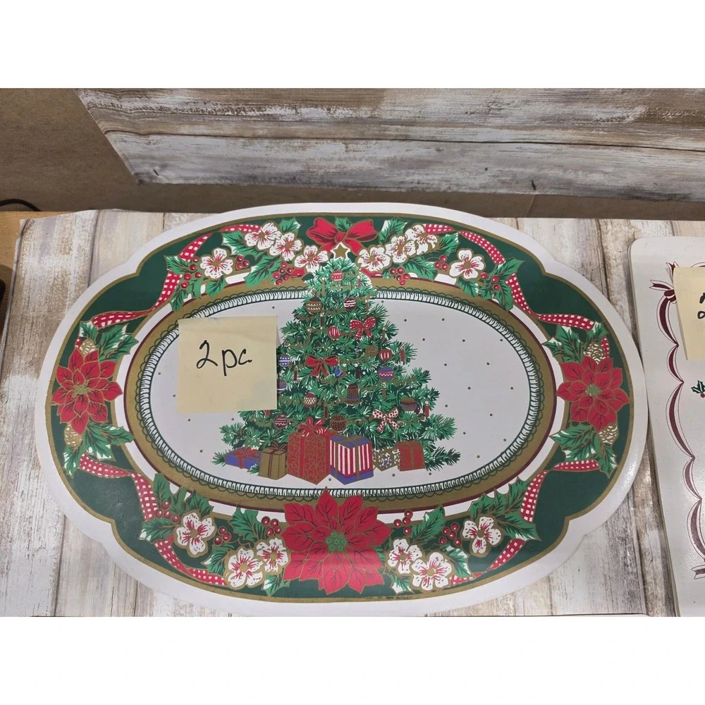 Vintage Christmas Placemats Lot of 7 Holiday Tree Bells Bunny Poinsettia Decor